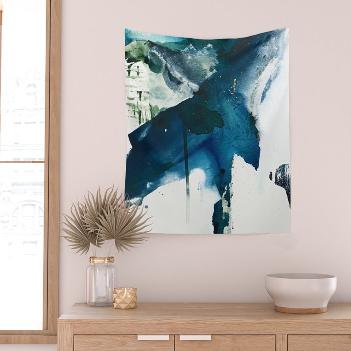 Untamed: a pretty, minimal, abstract painting in blue, white and gold by Alyssa Hamilton Art  Wall Tapestry Gallery Image 2