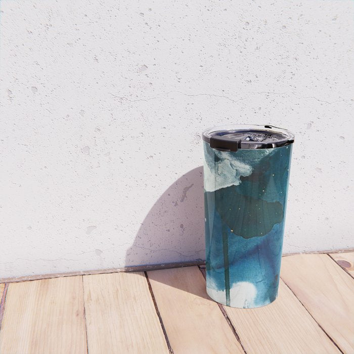 Untamed: a pretty, minimal, abstract painting in blue, white and gold by Alyssa Hamilton Art  Travel Mug Gallery Image 4