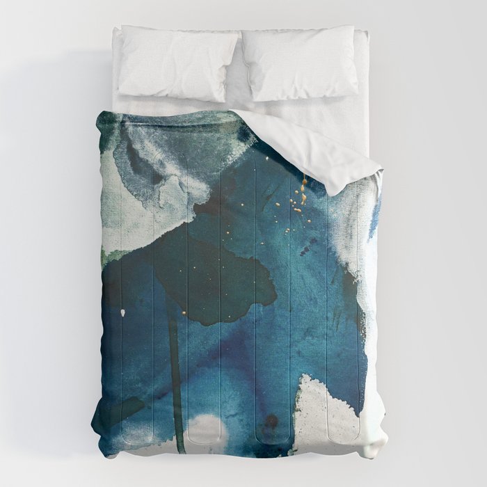 Untamed: a pretty, minimal, abstract painting in blue, white and gold by Alyssa Hamilton Art  Comforter Gallery Image 6