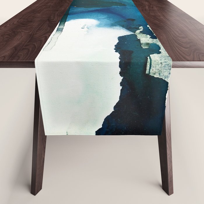 Untamed: a pretty, minimal, abstract painting in blue, white and gold by Alyssa Hamilton Art  Table Runner Gallery Image 1