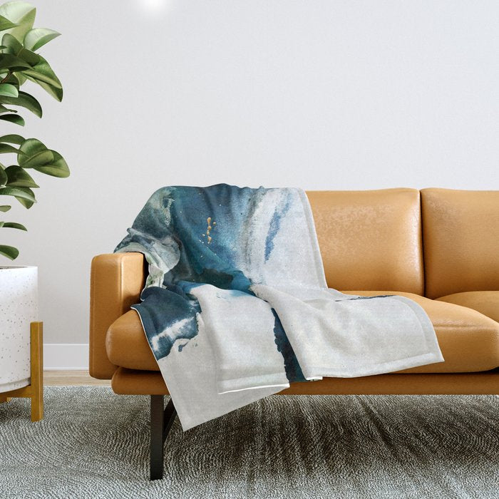 Untamed: a pretty, minimal, abstract painting in blue, white and gold by Alyssa Hamilton Art  Throw Blanket Gallery Image 1