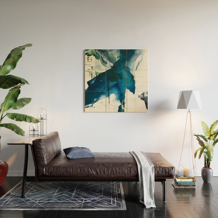 Untamed: a pretty, minimal, abstract painting in blue, white and gold by Alyssa Hamilton Art  Wood Wall Art Gallery Image 2