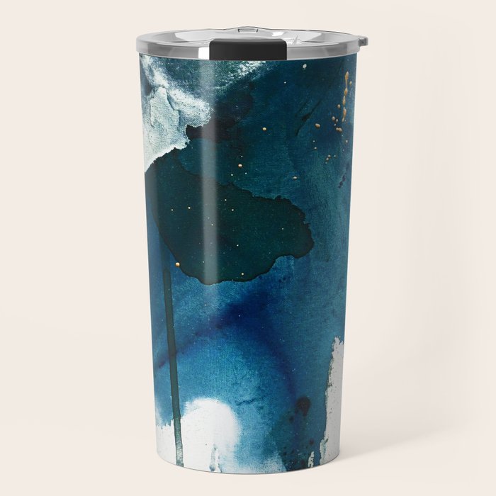 Untamed: a pretty, minimal, abstract painting in blue, white and gold by Alyssa Hamilton Art  Travel Mug Gallery Image 1