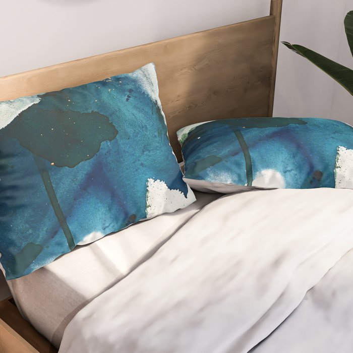 Untamed: a pretty, minimal, abstract painting in blue, white and gold by Alyssa Hamilton Art  Pillow Sham Gallery Image 2