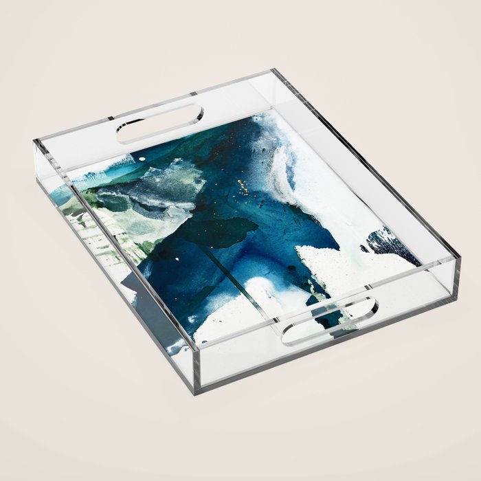 Untamed: a pretty, minimal, abstract painting in blue, white and gold by Alyssa Hamilton Art  Acrylic Tray Gallery Image 1