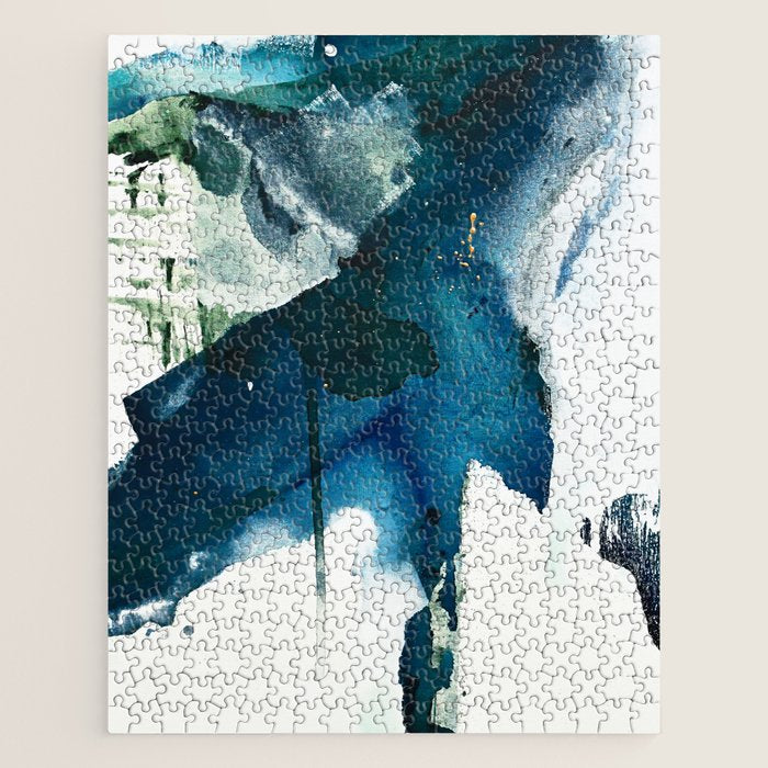 Untamed: a pretty, minimal, abstract painting in blue, white and gold by Alyssa Hamilton Art  Jigsaw Puzzle Gallery Image 1