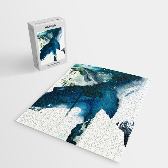 Untamed: a pretty, minimal, abstract painting in blue, white and gold by Alyssa Hamilton Art  Jigsaw Puzzle Gallery Image 2