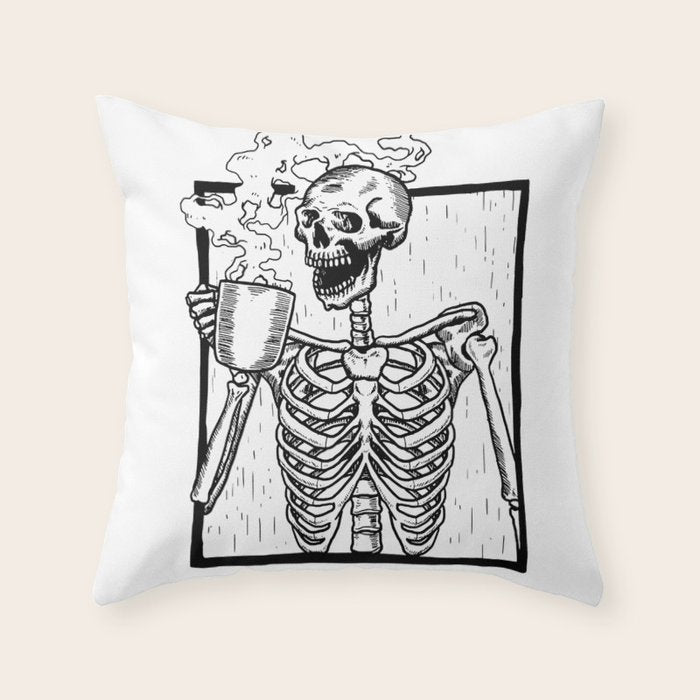 Skeleton Drinking a Cup of Coffee Throw Pillow Gallery Image 6