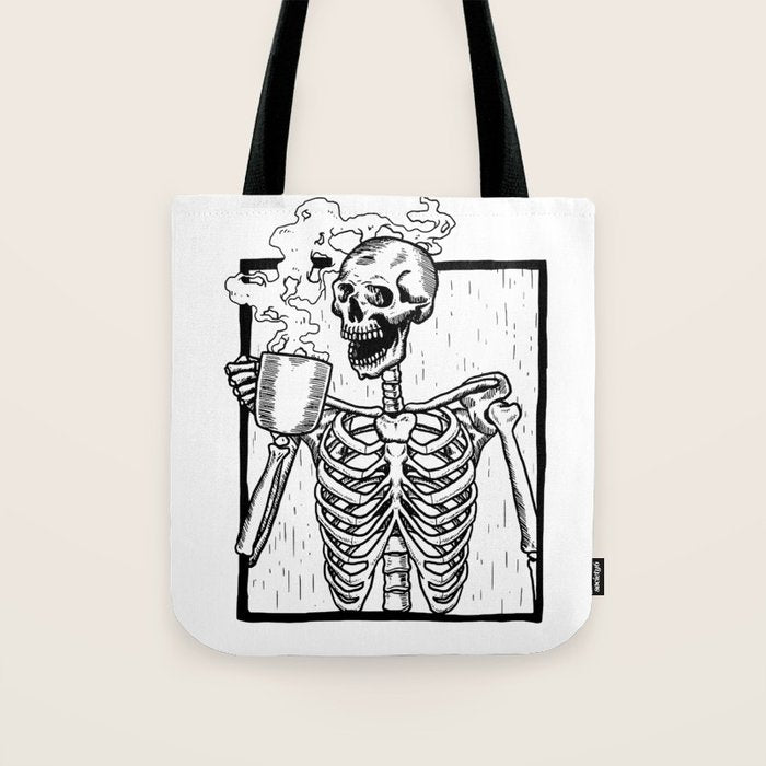 Skeleton Drinking a Cup of Coffee Tote Bag Gallery Image 1