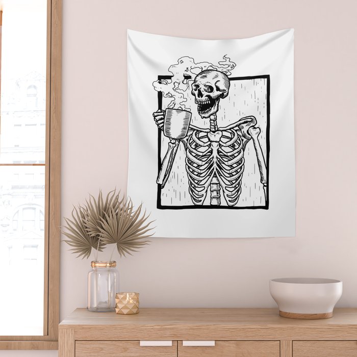 Skeleton Drinking a Cup of Coffee Wall Tapestry Gallery Image 2
