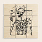 Skeleton Drinking a Cup of Coffee Wood Wall Art Gallery Image 1