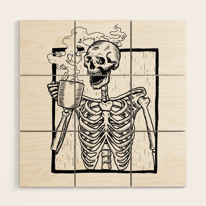 Skeleton Drinking a Cup of Coffee Wood Wall Art Gallery Image 1
