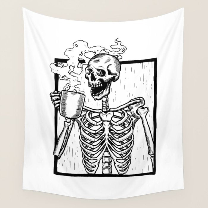 Skeleton Drinking a Cup of Coffee Wall Tapestry Gallery Image 4