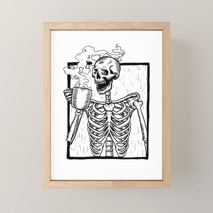 Skeleton Drinking a Cup of Coffee Mini Art Print Gallery Image 1