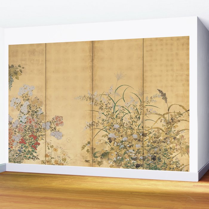 Japanese Edo Period Six-Panel Gold Leaf Screen - Spring and Autumn Flowers Wall Mural Gallery Image 2