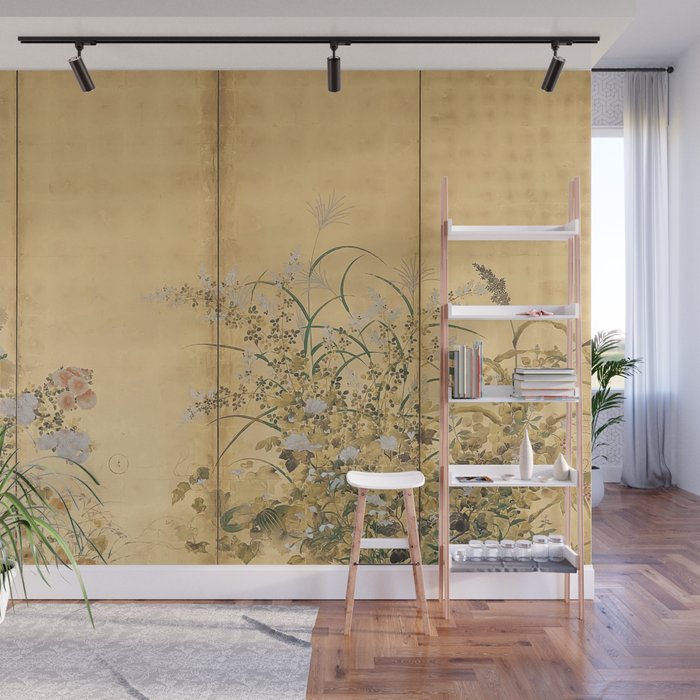 Japanese Edo Period Six-Panel Gold Leaf Screen - Spring and Autumn Flowers Wall Mural Gallery Image 1