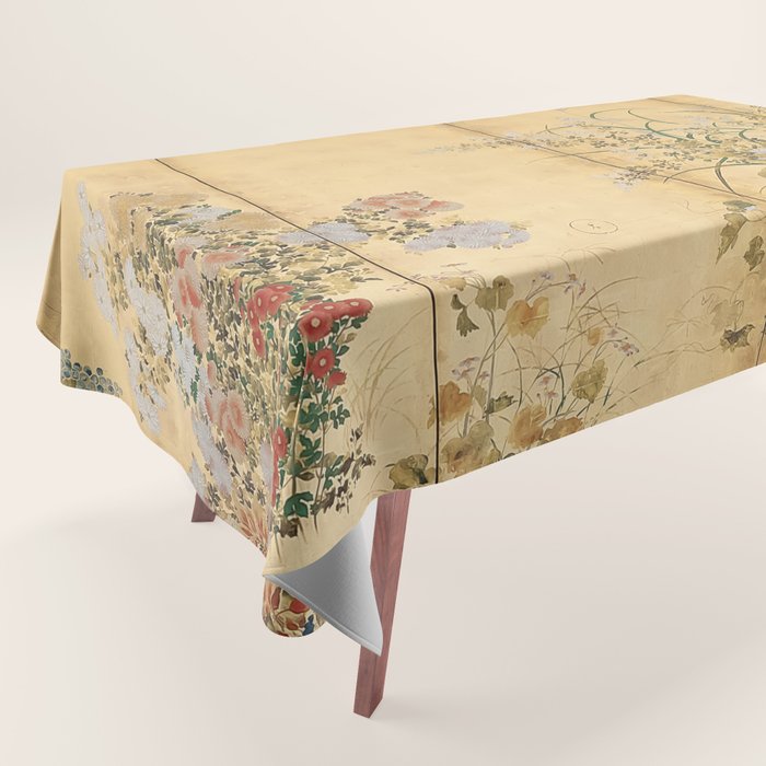 Japanese Edo Period Six-Panel Gold Leaf Screen - Spring and Autumn Flowers Tablecloth Gallery Image 1