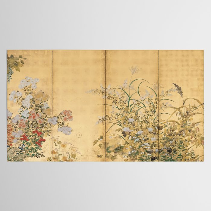 Japanese Edo Period Six-Panel Gold Leaf Screen - Spring and Autumn Flowers Tablecloth Gallery Image 2