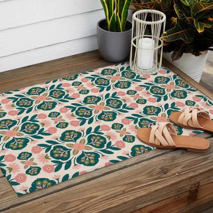 Indian Floral - pink and green  Outdoor Rug Gallery Image 2
