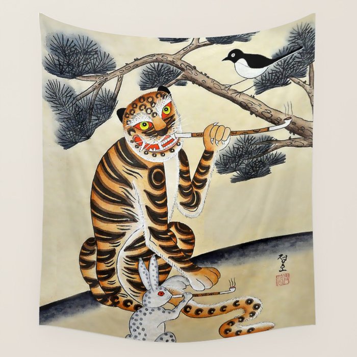 Korean Minhwa Tiger with Pipe Wall Tapestry Gallery Image 1