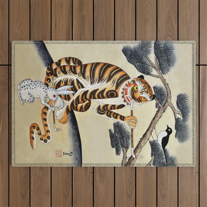 Korean Minhwa Tiger with Pipe Outdoor Rug Gallery Image 1