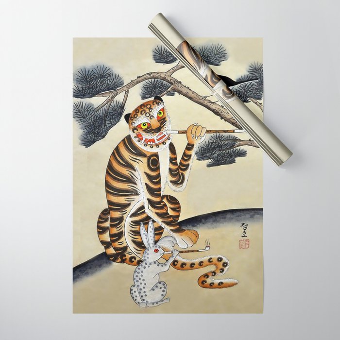 Korean Minhwa Tiger with Pipe Wrapping Paper Gallery Image 1