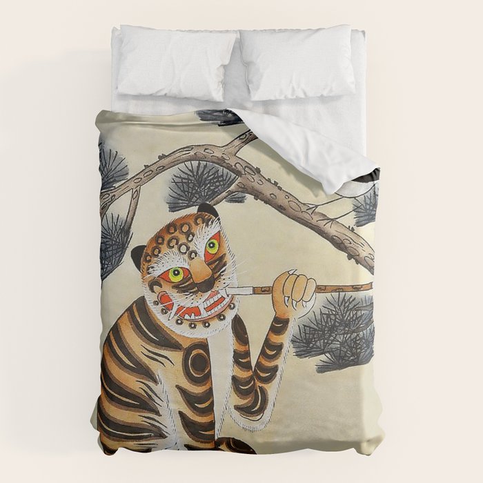 Korean Minhwa Tiger with Pipe Duvet Cover Gallery Image 1