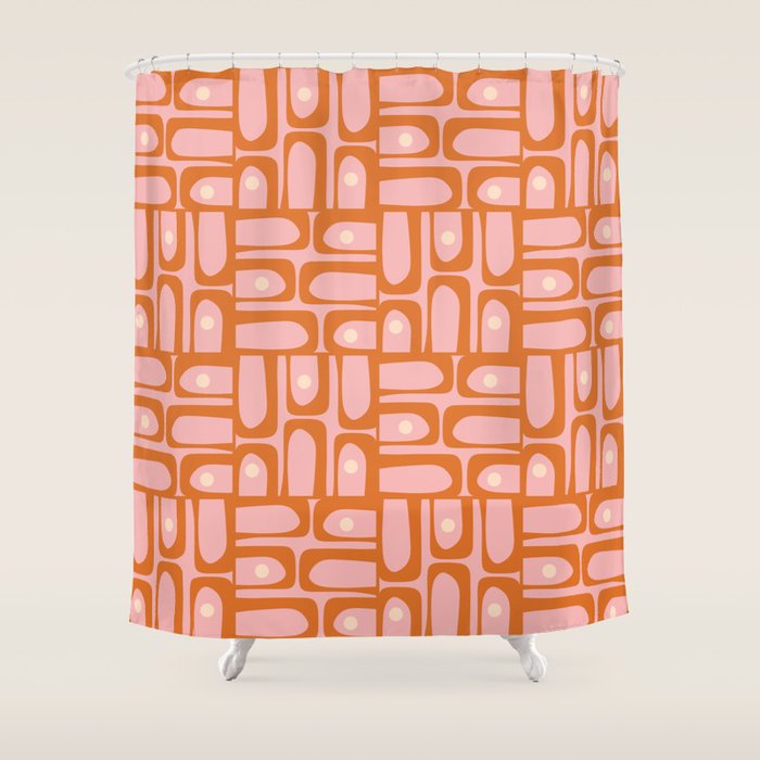 Mid Century Modern Piquet Multi Geometric Pattern Pink Orange Cream Shower Curtain Gallery Image 1