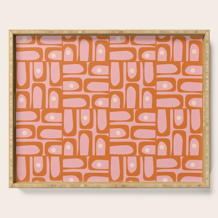 Mid Century Modern Piquet Multi Geometric Pattern Pink Orange Cream Serving Tray Gallery Image 1