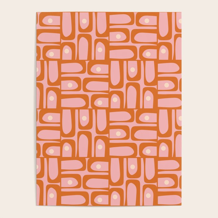 Mid Century Modern Piquet Multi Geometric Pattern Pink Orange Cream Poster Gallery Image 4