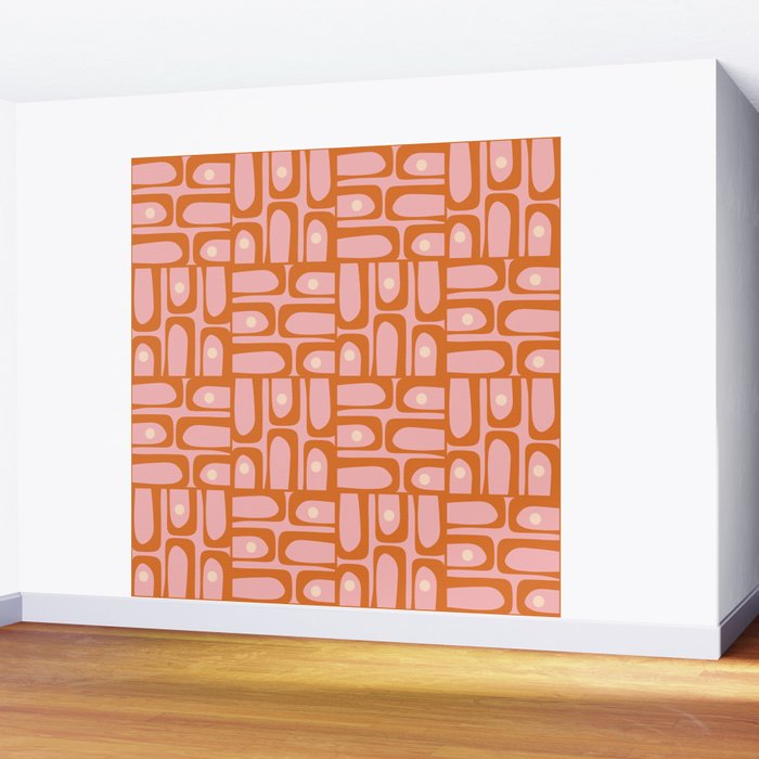 Mid Century Modern Piquet Multi Geometric Pattern Pink Orange Cream Wall Mural Gallery Image 2