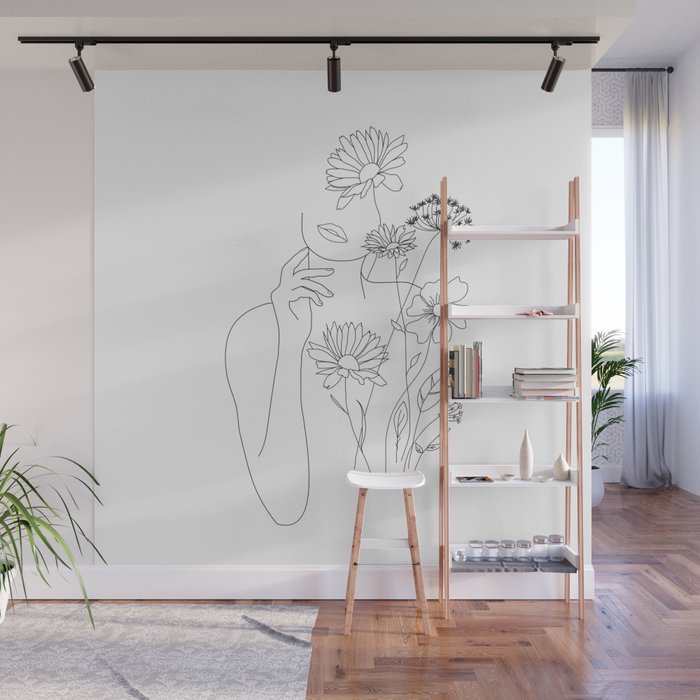 Minimal Line Art Woman with Flowers III Wall Mural Gallery Image 1