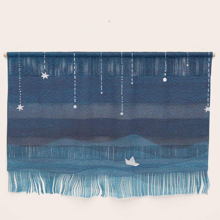 Falling stars, blue, sailboat, ocean Wall Hanging Gallery Image 1