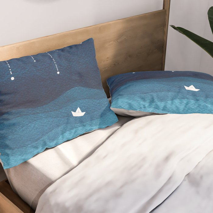 Falling stars, blue, sailboat, ocean Pillow Sham Gallery Image 2