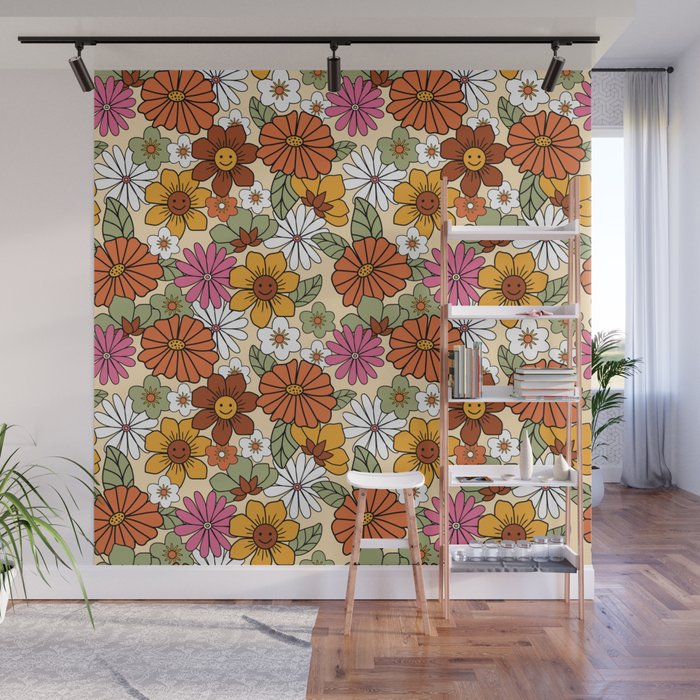 Retro 70s Boho Floral Pattern Wall Mural