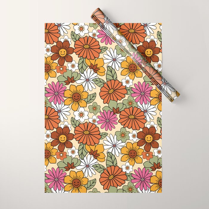 Retro 70s Boho Floral Pattern Wrapping Paper Gallery Image 1