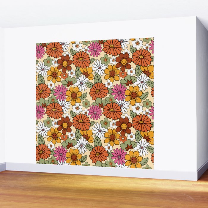 Retro 70s Boho Floral Pattern Wall Mural Gallery Image 2