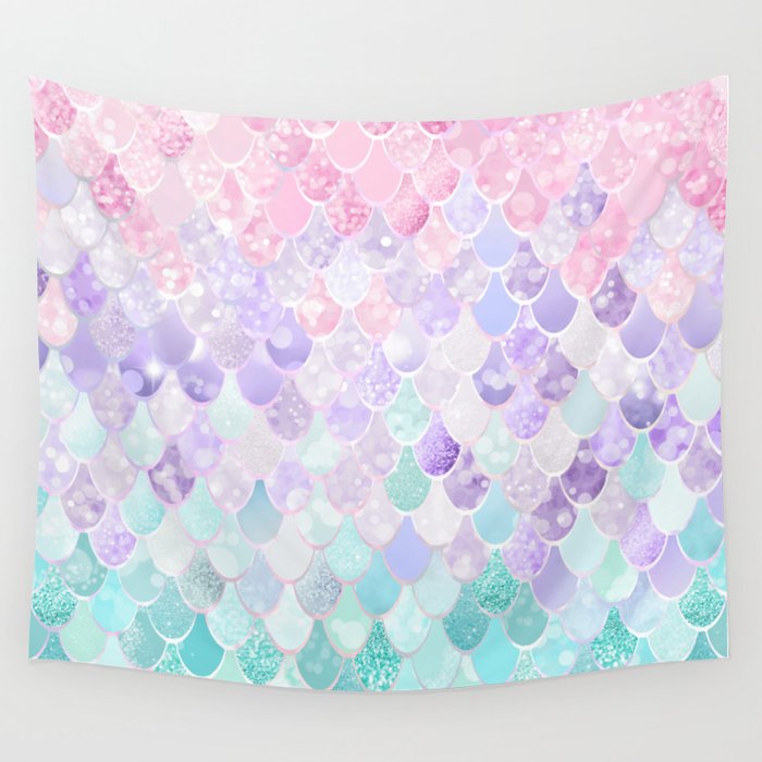 Cute Mermaid Pattern, Light Pink, Purple, Teal Wall Tapestry Gallery Image 4