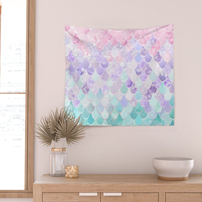 Cute Mermaid Pattern, Light Pink, Purple, Teal Wall Tapestry Gallery Image 2