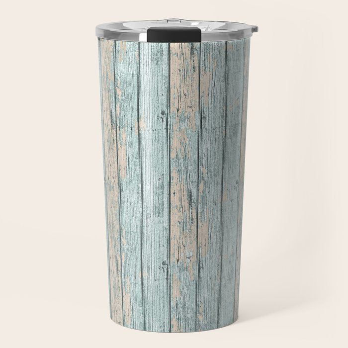 Rustic Beach Driftwood Vacation Blue Texture Travel Mug Gallery Image 1