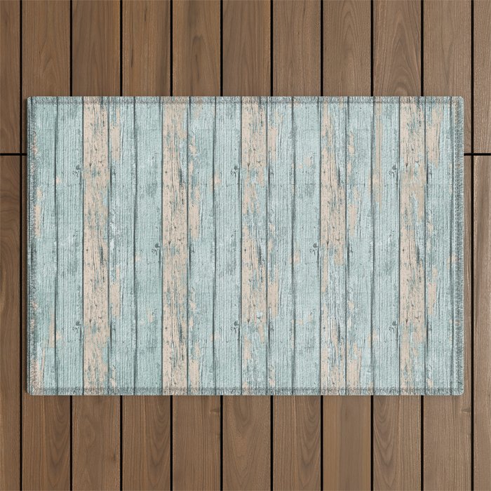 Rustic Beach Driftwood Vacation Blue Texture Outdoor Rug Gallery Image 1