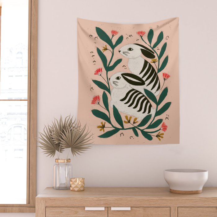 Hares Among Flowers Wall Tapestry Gallery Image 2