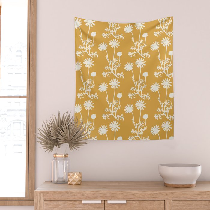 Wild Daisies Floral Botanical Pattern in Mustard Wall Tapestry Gallery Image 2