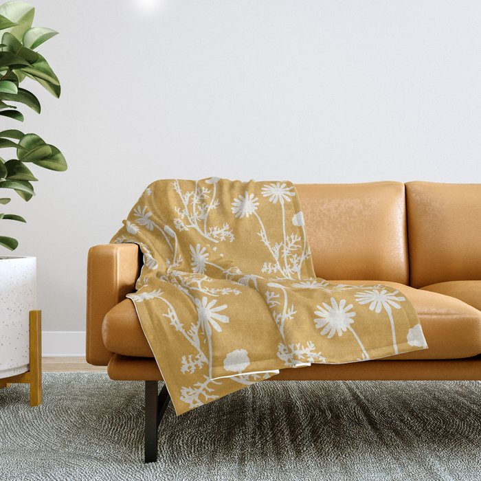Wild Daisies Floral Botanical Pattern in Mustard Throw Blanket Gallery Image 1