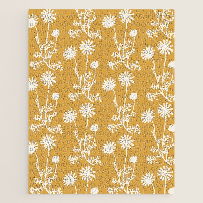 Wild Daisies Floral Botanical Pattern in Mustard Jigsaw Puzzle Gallery Image 1