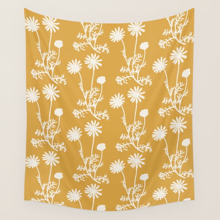 Wild Daisies Floral Botanical Pattern in Mustard Wall Tapestry Gallery Image 1