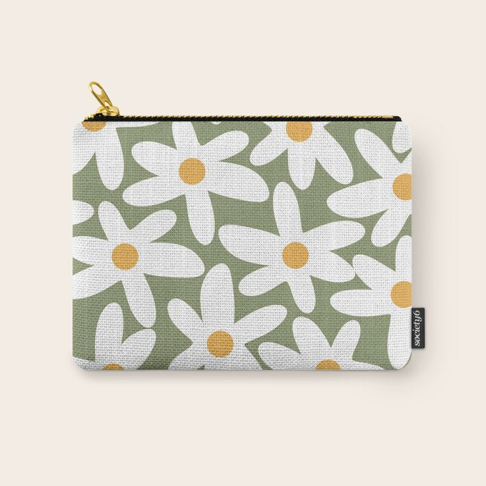 Daisy Time Retro Floral Pattern Sage Green White Mustard Carry All Pouch Gallery Image 1
