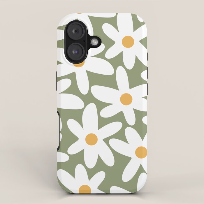 Daisy Time Retro Floral Pattern Sage Green White Mustard iPhone Case Gallery Image 1