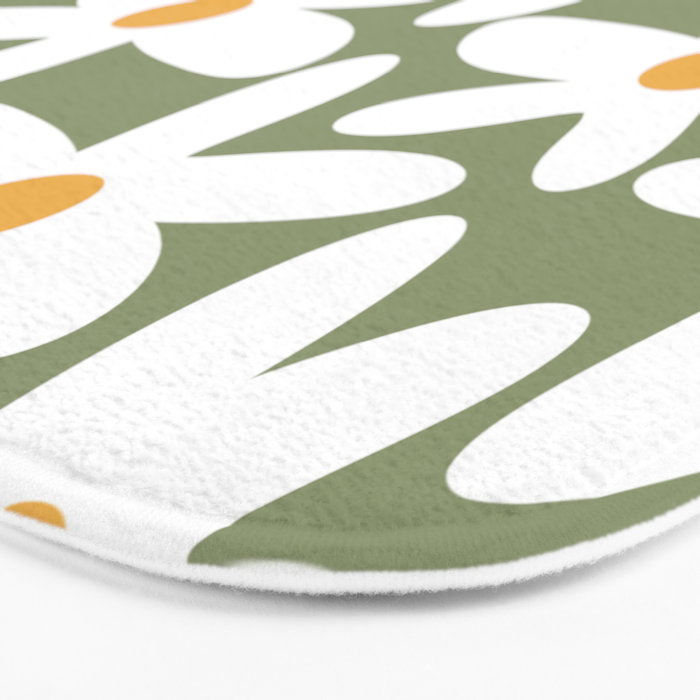 Daisy Time Retro Floral Pattern Sage Green White Mustard Bath Mat Gallery Image 3