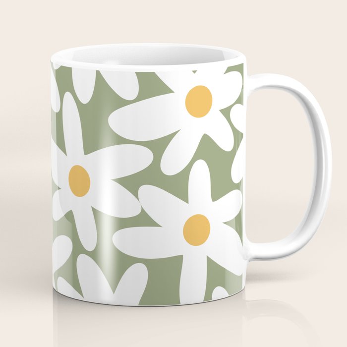 Daisy Time Retro Floral Pattern Sage Green White Mustard Coffee Mug Gallery Image 1